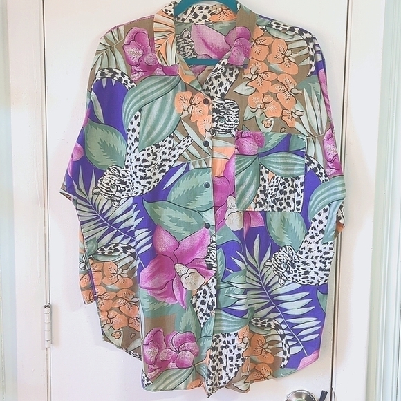 Euc Vintage 90s Lightweight Button Down Shirt sz L/XL - Tropical Tigers! - Picture 3 of 6
